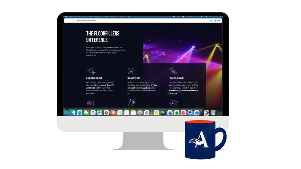 A screenshot of the Floorfillers website on a computer screen. In the foreground, there is a blue mug with the Arcanum Copy logo on it.