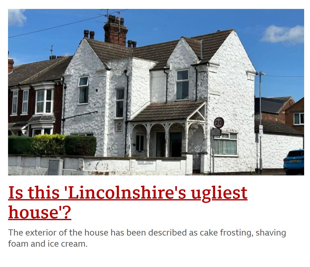 A screenshot from a BBC news article with the heading 'Lincolnshire's Ugliest House'.