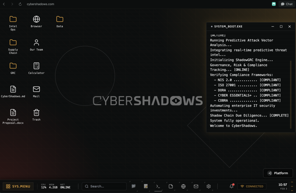 A screenshot of the home desktop on the CyberShadows website.