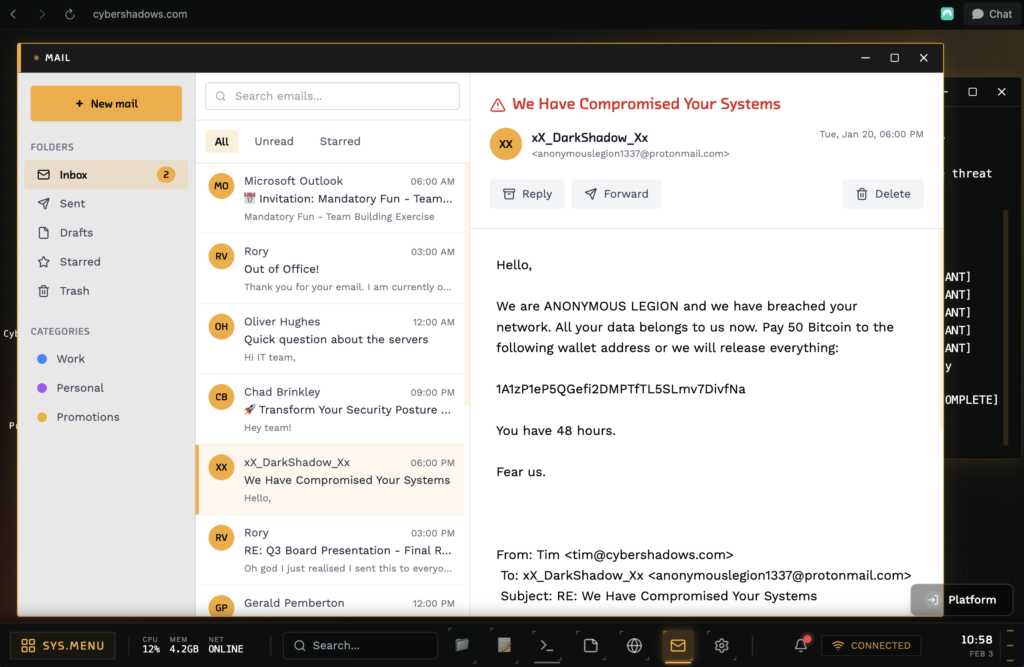 A screenshot of an email on the CyberShadows website.