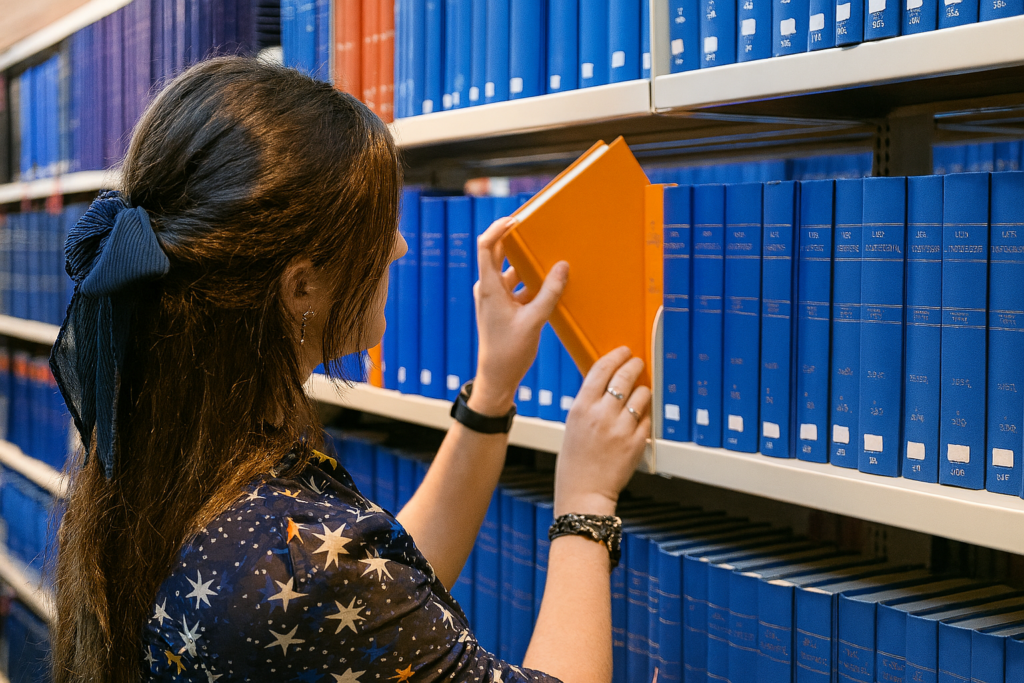 Eleanor Bryan putting a book back on a library shelf.