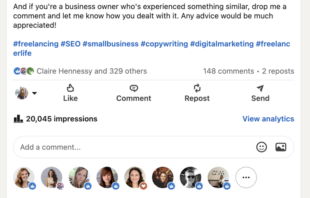 A screenshot of a LinkedIn post with 20,000 impressions.