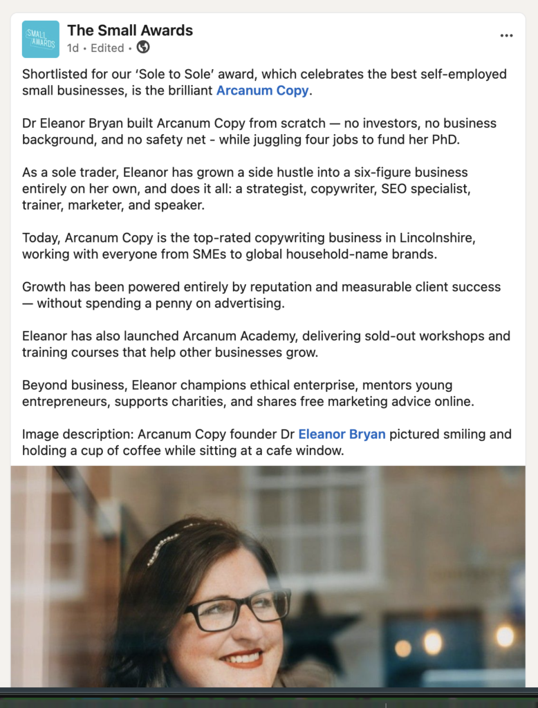 A screenshot of a LinkedIn post by The Small Awards stating that Arcanum Copy has been shortlisted for the 'Sole to Sole' award.